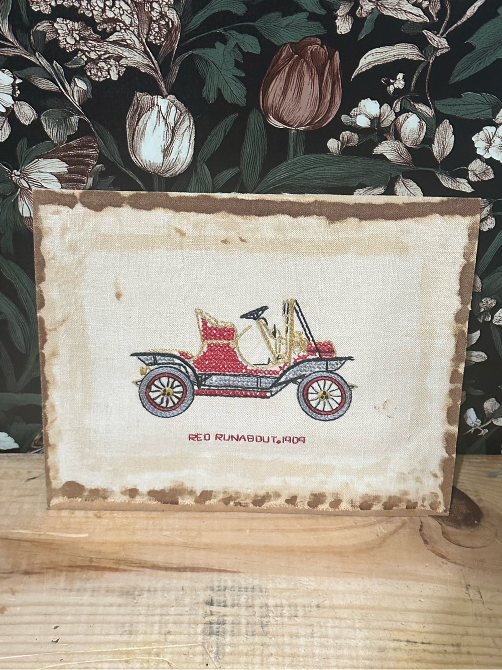 Hand Crewled Red Runabout antique 1909 Wall Hanging Gallery Wall